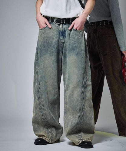 復古水洗弧線牛仔褲