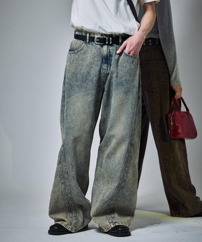 復古水洗弧線牛仔褲