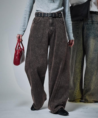 復古水洗弧線牛仔褲