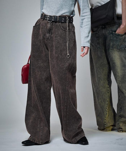 復古水洗弧線牛仔褲