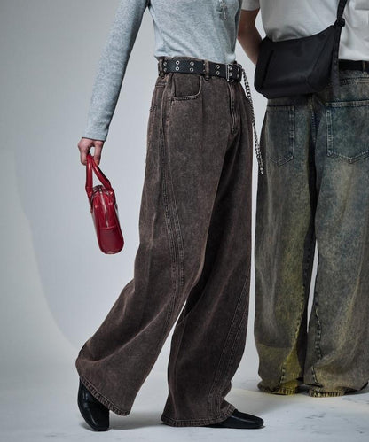 復古水洗弧線牛仔褲