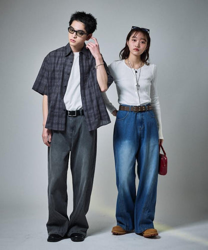 復古水洗弧線牛仔褲