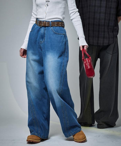 復古水洗弧線牛仔褲