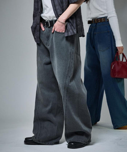 復古水洗弧線牛仔褲