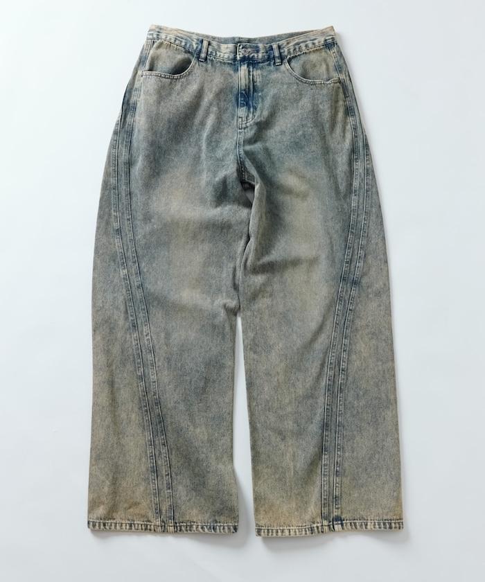 復古水洗弧線牛仔褲