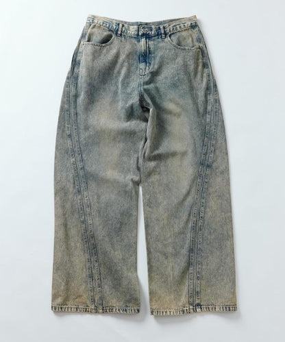 復古水洗弧線牛仔褲