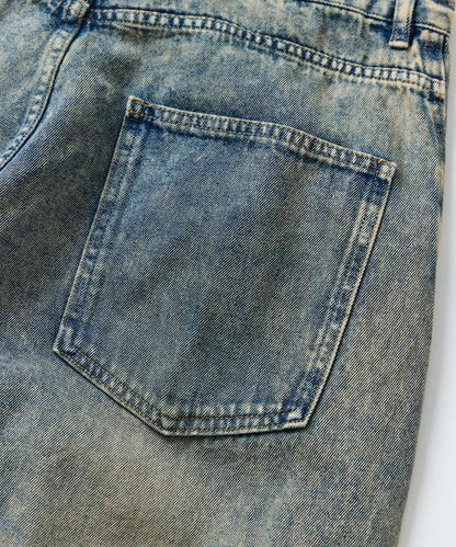 復古水洗弧線牛仔褲