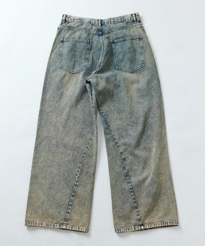 復古水洗弧線牛仔褲
