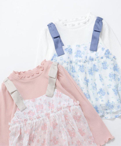 肩蝴蝶結花邊對接上衣