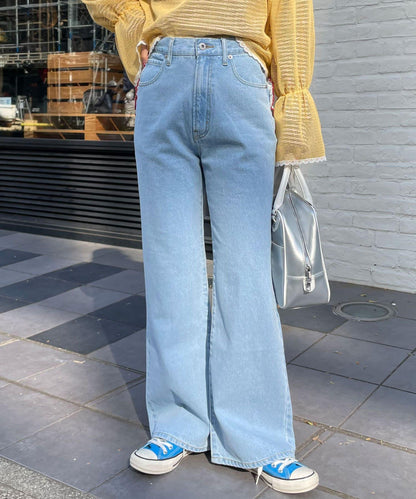 【HELLO.SANFRANCISCO/你好，舊金山】心形口袋蕾絲拼接喇叭牛仔褲