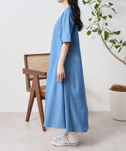 5分袖荷葉邊連衣裙 牛仔風