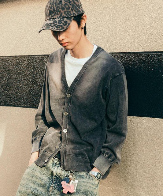 復古風格 硬漂白處理 V領 針織開衫