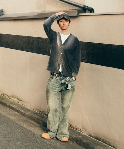 復古風格 硬漂白處理 V領 針織開衫