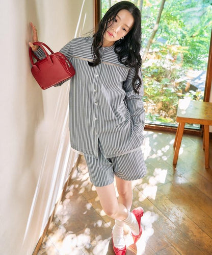 蕾絲拼接條紋襯衫（可搭配套裝）