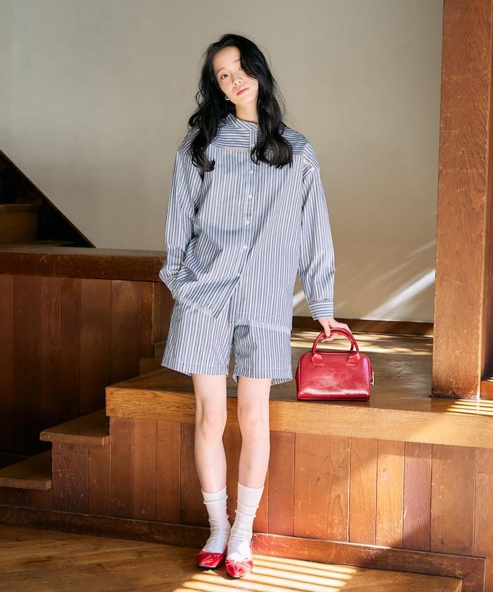 蕾絲拼接條紋襯衫（可搭配套裝）