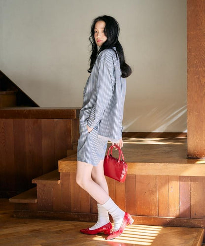 蕾絲拼接條紋襯衫（可搭配套裝）