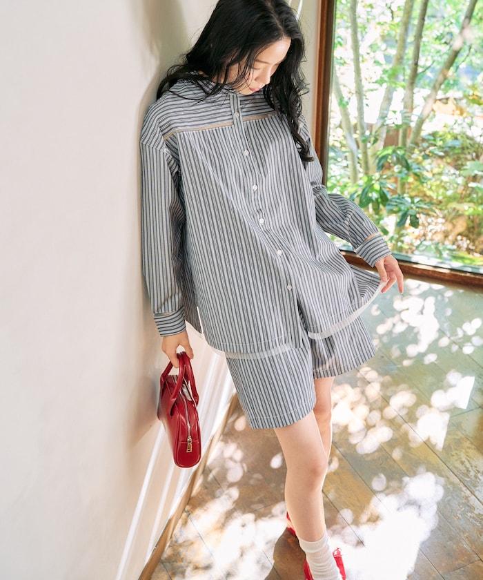 蕾絲拼接條紋襯衫（可搭配套裝）