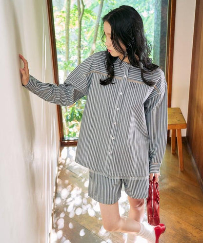 蕾絲拼接條紋襯衫（可搭配套裝）