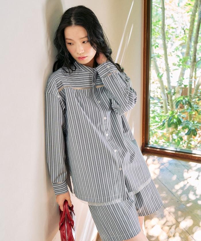 蕾絲拼接條紋襯衫（可搭配套裝）