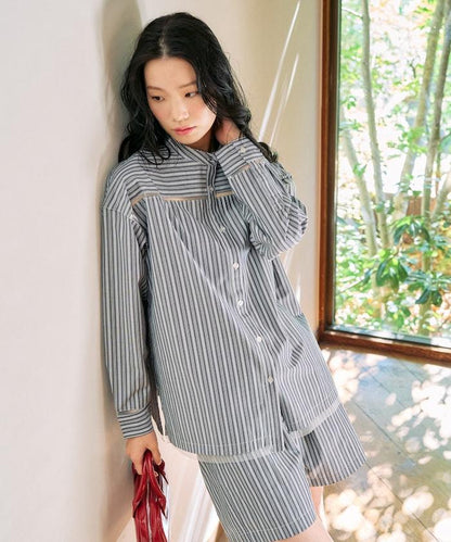 蕾絲拼接條紋襯衫（可搭配套裝）