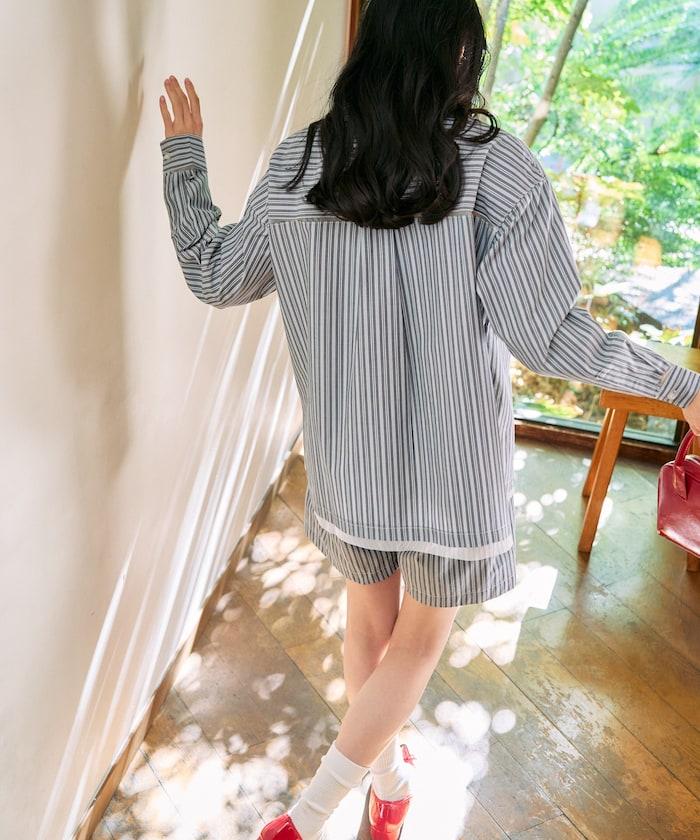 蕾絲拼接條紋襯衫（可搭配套裝）