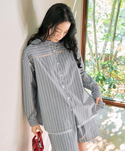 蕾絲拼接條紋襯衫（可搭配套裝）