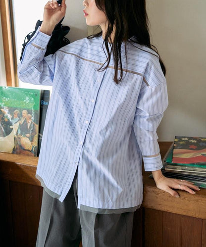 蕾絲拼接條紋襯衫（可搭配套裝）