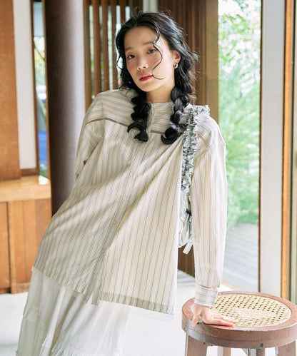 蕾絲拼接條紋襯衫（可搭配套裝）