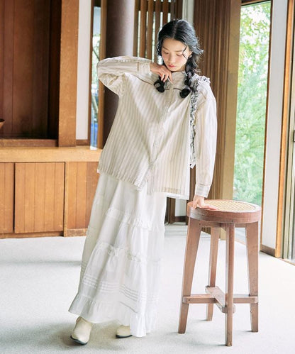 蕾絲拼接條紋襯衫（可搭配套裝）