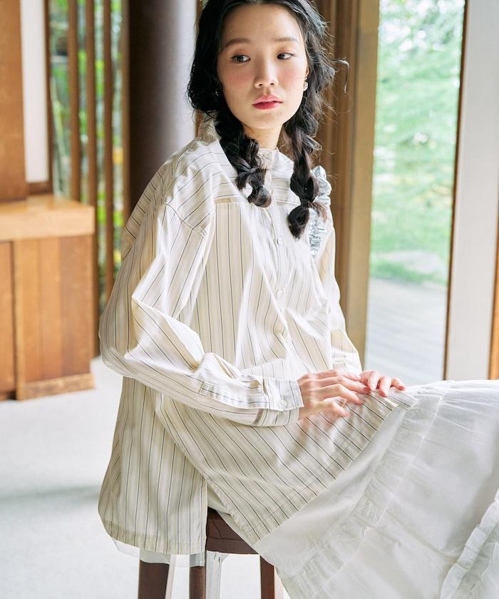 蕾絲拼接條紋襯衫（可搭配套裝）