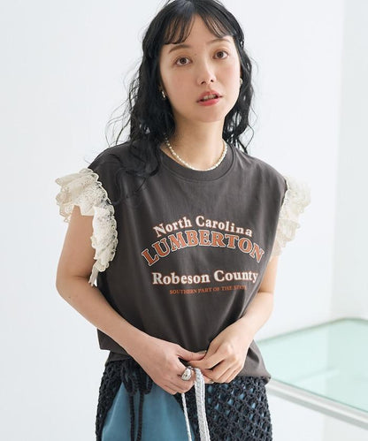 袖蕾絲拼接logo印花T恤