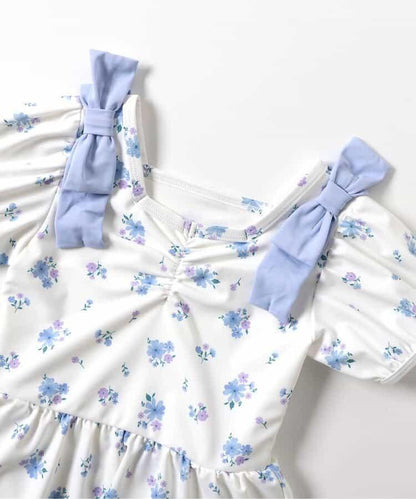 肩蝴蝶結泡泡袖連衣裙泳裝