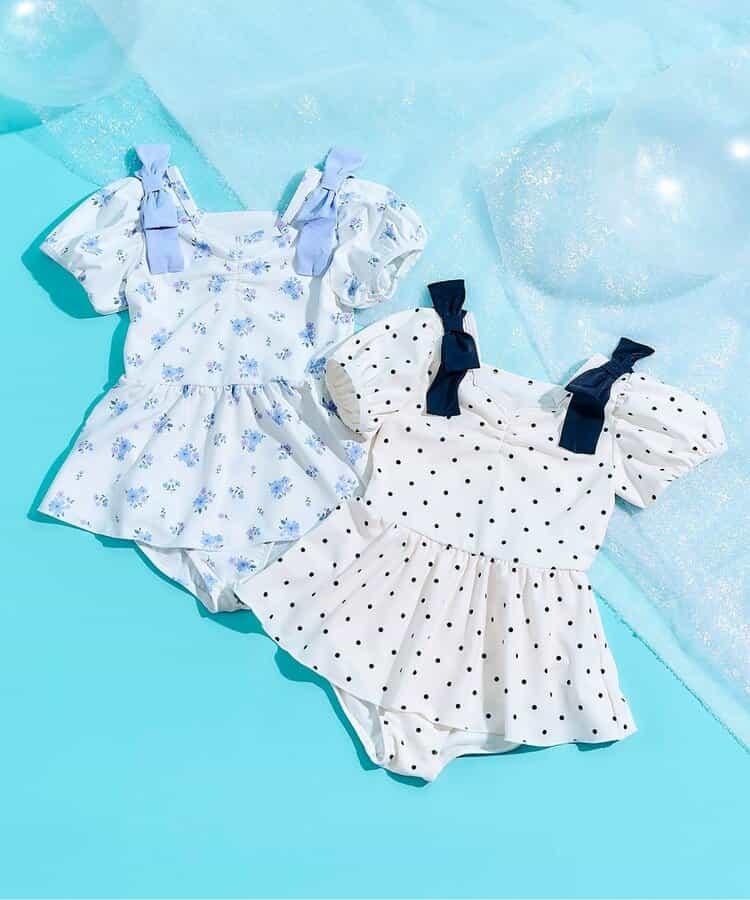 肩蝴蝶結泡泡袖連衣裙泳裝