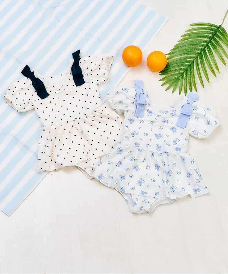 肩蝴蝶結泡泡袖連衣裙泳裝