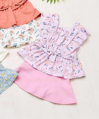 檸檬·花紋收褶分體泳衣