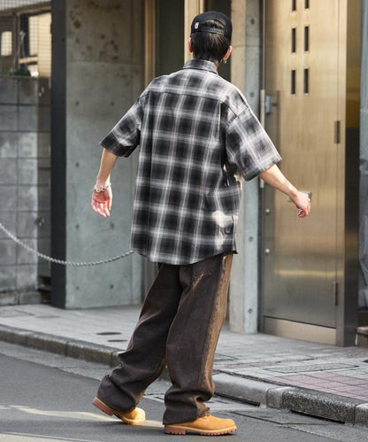 大尺寸 短袖 漸變格子 襯衫