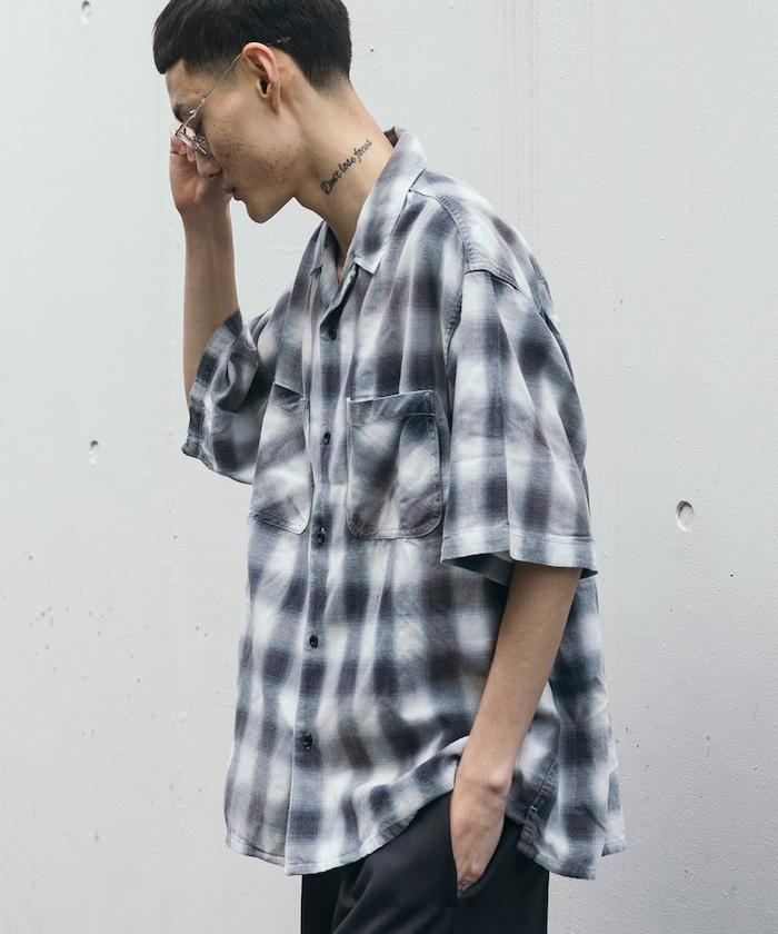 磨邊處理 開領 漸變格子襯衫 短袖