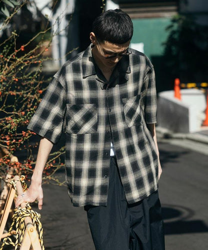 磨邊處理 開領 漸變格子襯衫 短袖