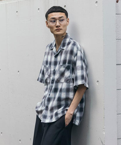磨邊處理 開領 漸變格子襯衫 短袖