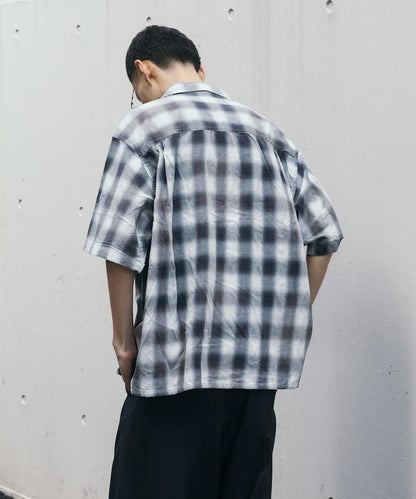 磨邊處理 開領 漸變格子襯衫 短袖