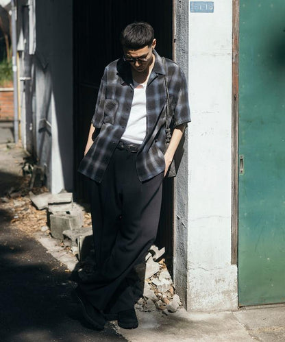 磨邊處理 開領 漸變格子襯衫 短袖