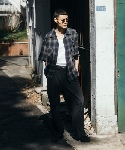 磨邊處理 開領 漸變格子襯衫 短袖