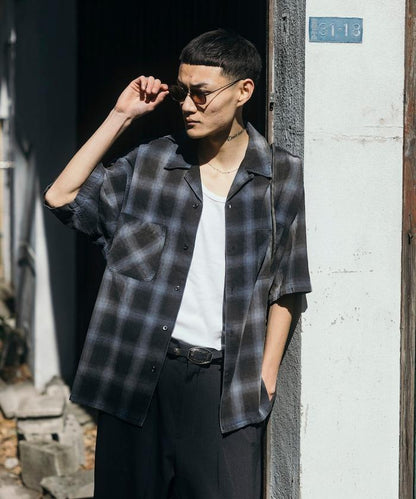 磨邊處理 開領 漸變格子襯衫 短袖