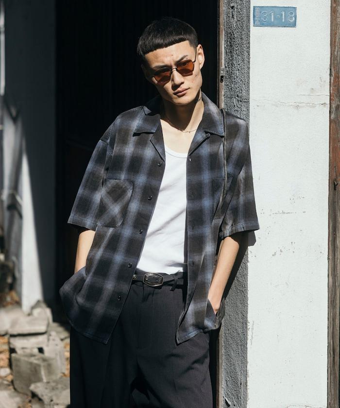 磨邊處理 開領 漸變格子襯衫 短袖