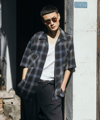 磨邊處理 開領 漸變格子襯衫 短袖