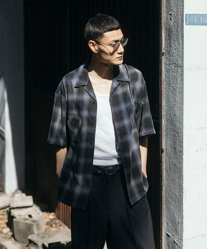 磨邊處理 開領 漸變格子襯衫 短袖