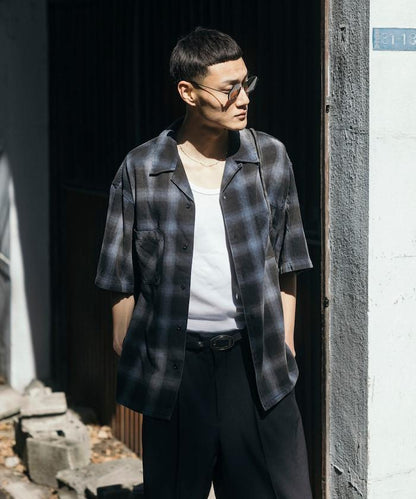 磨邊處理 開領 漸變格子襯衫 短袖