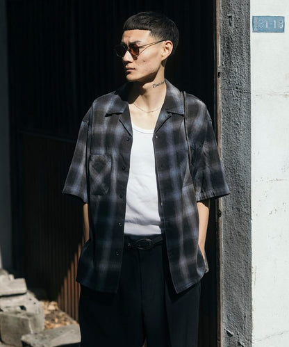 磨邊處理 開領 漸變格子襯衫 短袖
