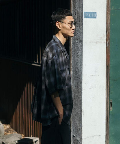 磨邊處理 開領 漸變格子襯衫 短袖