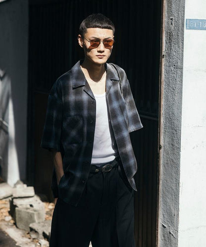 磨邊處理 開領 漸變格子襯衫 短袖